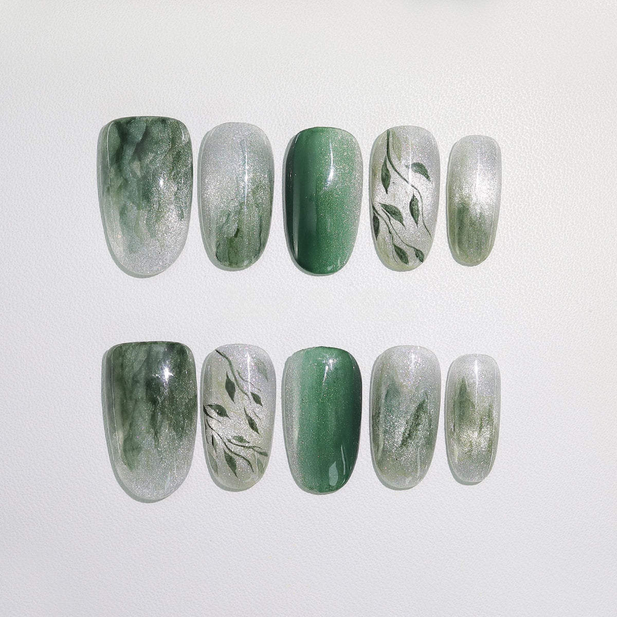 Forest Bamboo Vine - Handcrafted Silver Cat-Eye & Sage Green Botanical Press-On Nails