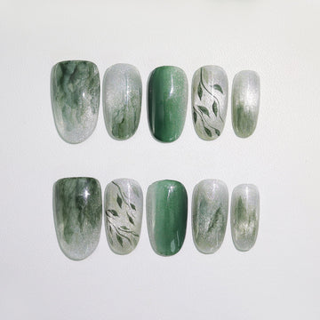 Forest Bamboo Vine - Handcrafted Silver Cat-Eye & Sage Green Botanical Press-On Nails