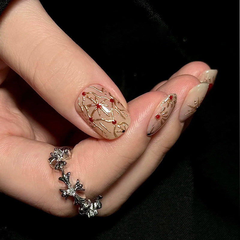 Baroque Red Heart - Handcrafted Gold Relief & Crimson Heart Press-On Nails