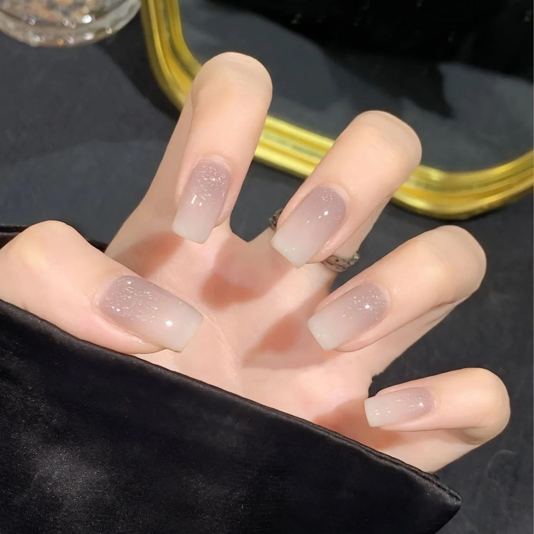 Nude Grey Sparkle Ombré - Handcrafted Translucent Nude & Shimmer Gradient Press-On Nails
