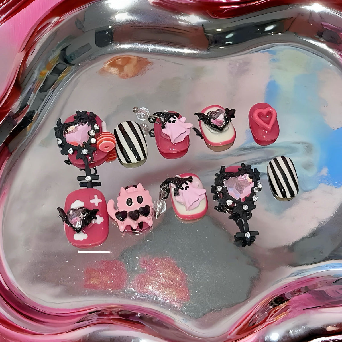 Pastel Goth Spooky - Handcrafted Pink & Black Monster, Ghost & Cross Dangle Press-On Nails