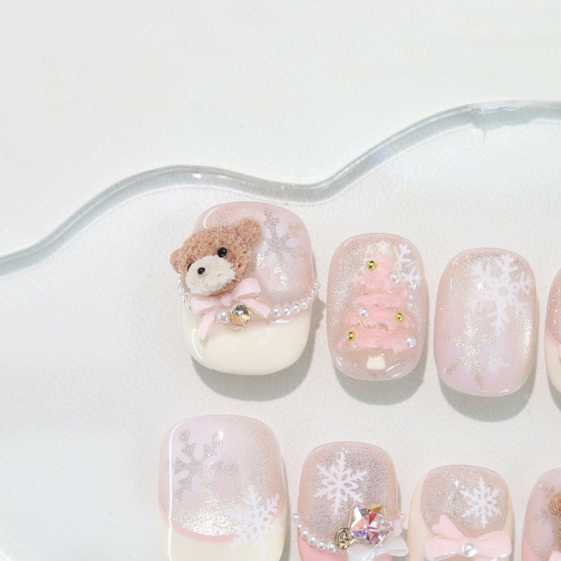Pink Winter Wonderland Bear - Handcrafted Pink Cat-Eye Press-On Nails with Plush Teddy Bear & Christmas Tree Charms
