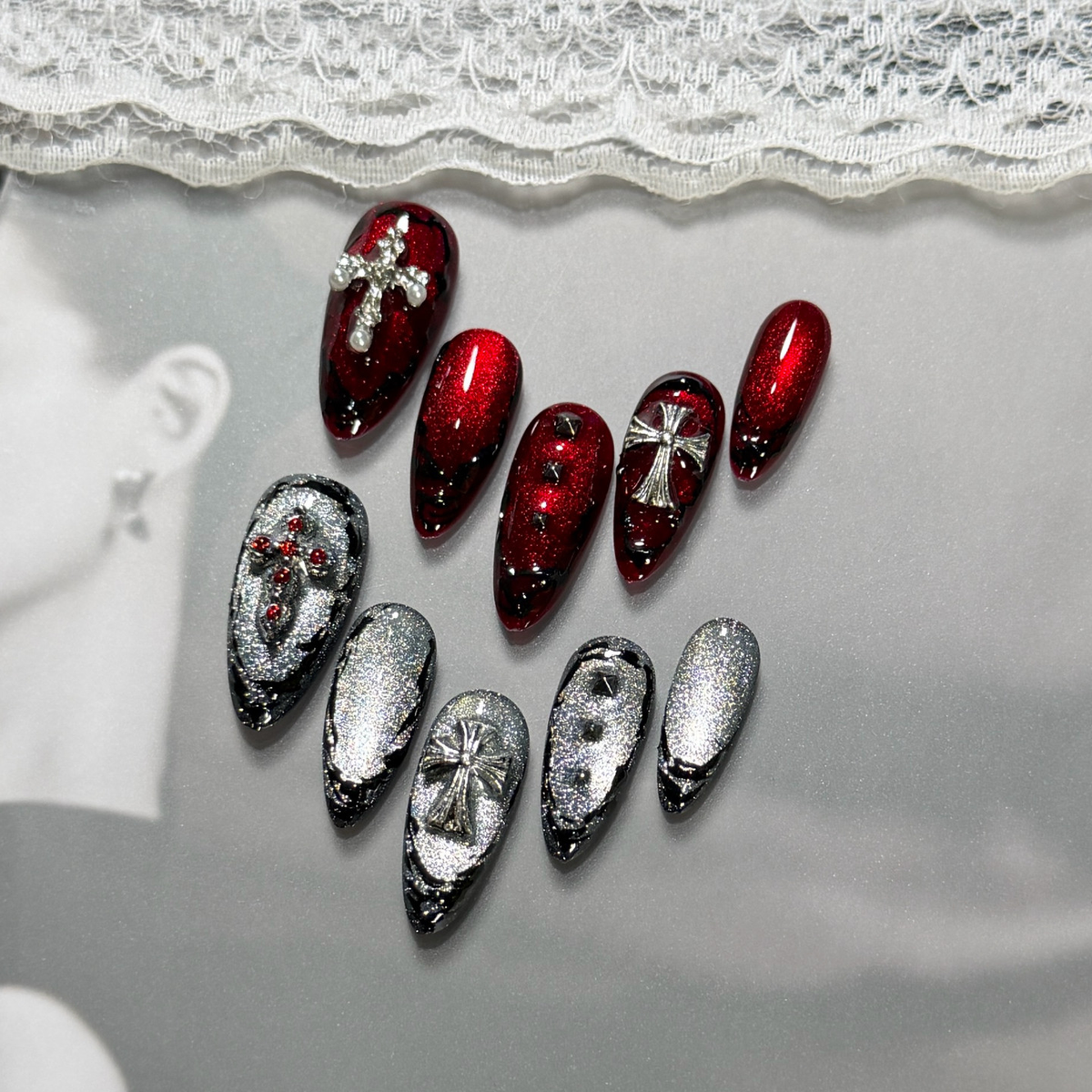 Gothic Cross - Handcrafted Dark Red Cat-Eye & 3D Silver Cross Press-On Nails