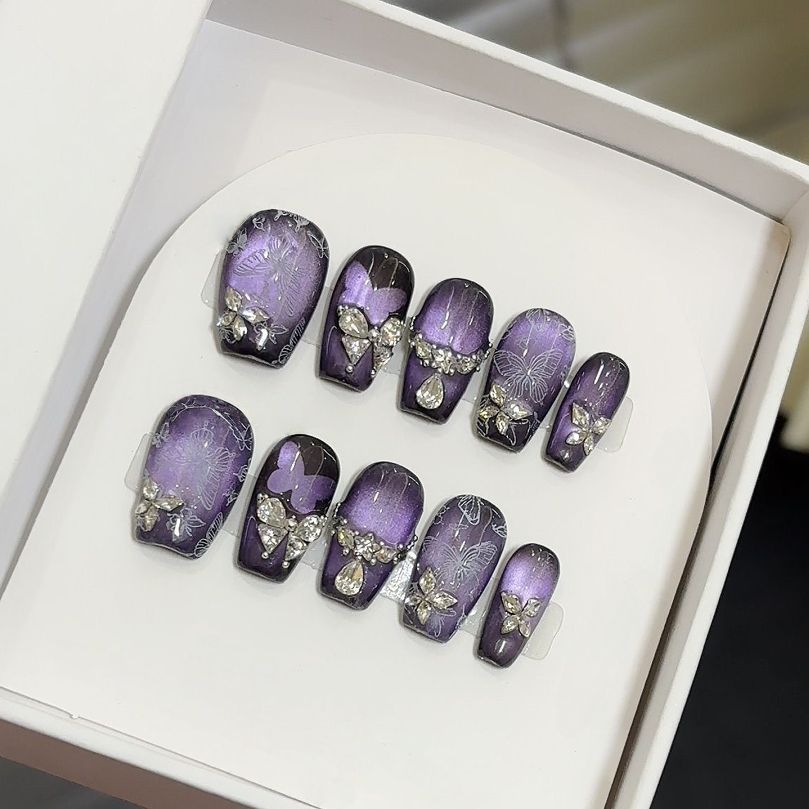 Gothic Crystal Butterfly - Handcrafted Purple Galaxy Cat-Eye & 3D Gem Press-On Nails