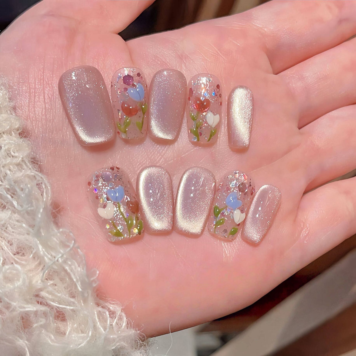 Pink Tulip Cat-Eye - Handcrafted Blush Pink Velvet Cat-Eye & Colorful Tulip Art Press-On Nails