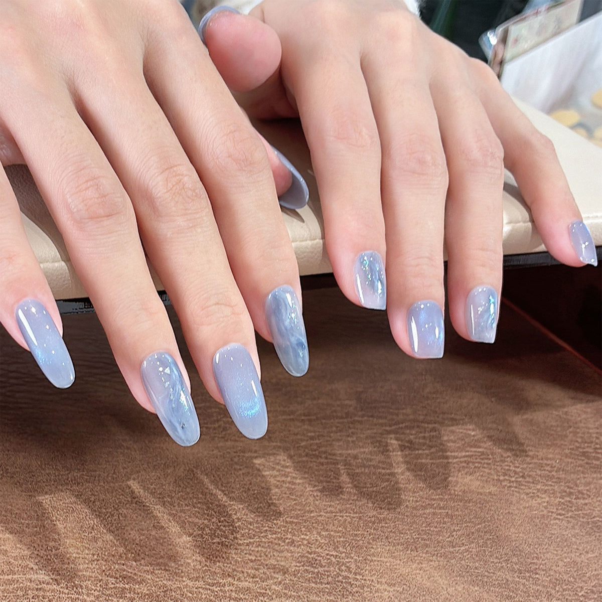 Icy Celestial Blue - Handcrafted Ice Blue Cat-Eye & Fluid Ripple Press-On Nails
