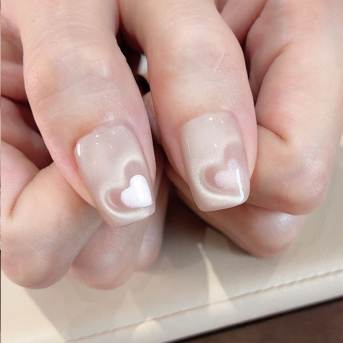 Pink Velvet Heart - Handcrafted Ice Pink Cat-Eye & 3D Magnetic Heart Press-On Nails