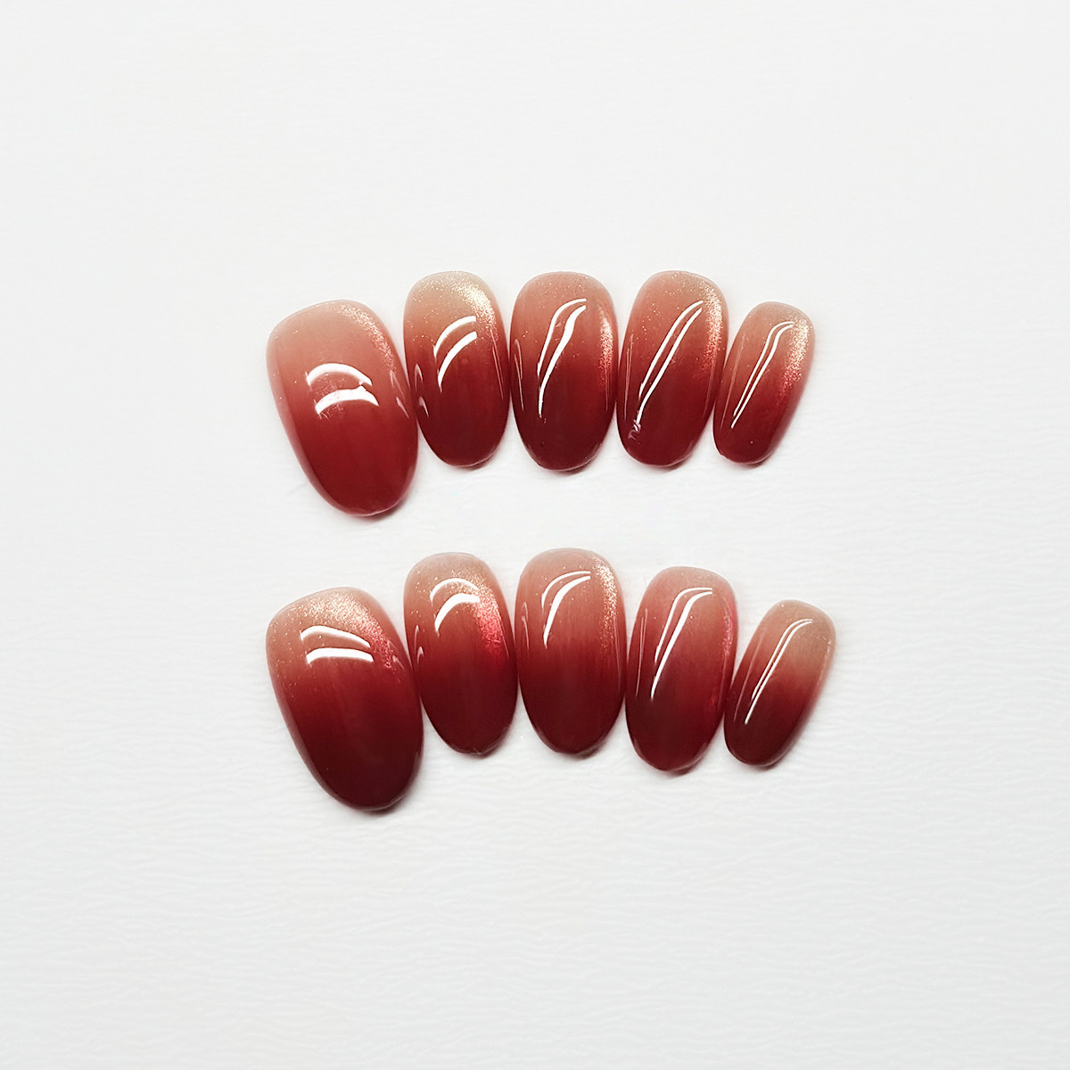 Crimson Ombré Cat-Eye - Handcrafted Wine Red Gradient Press-On Nails