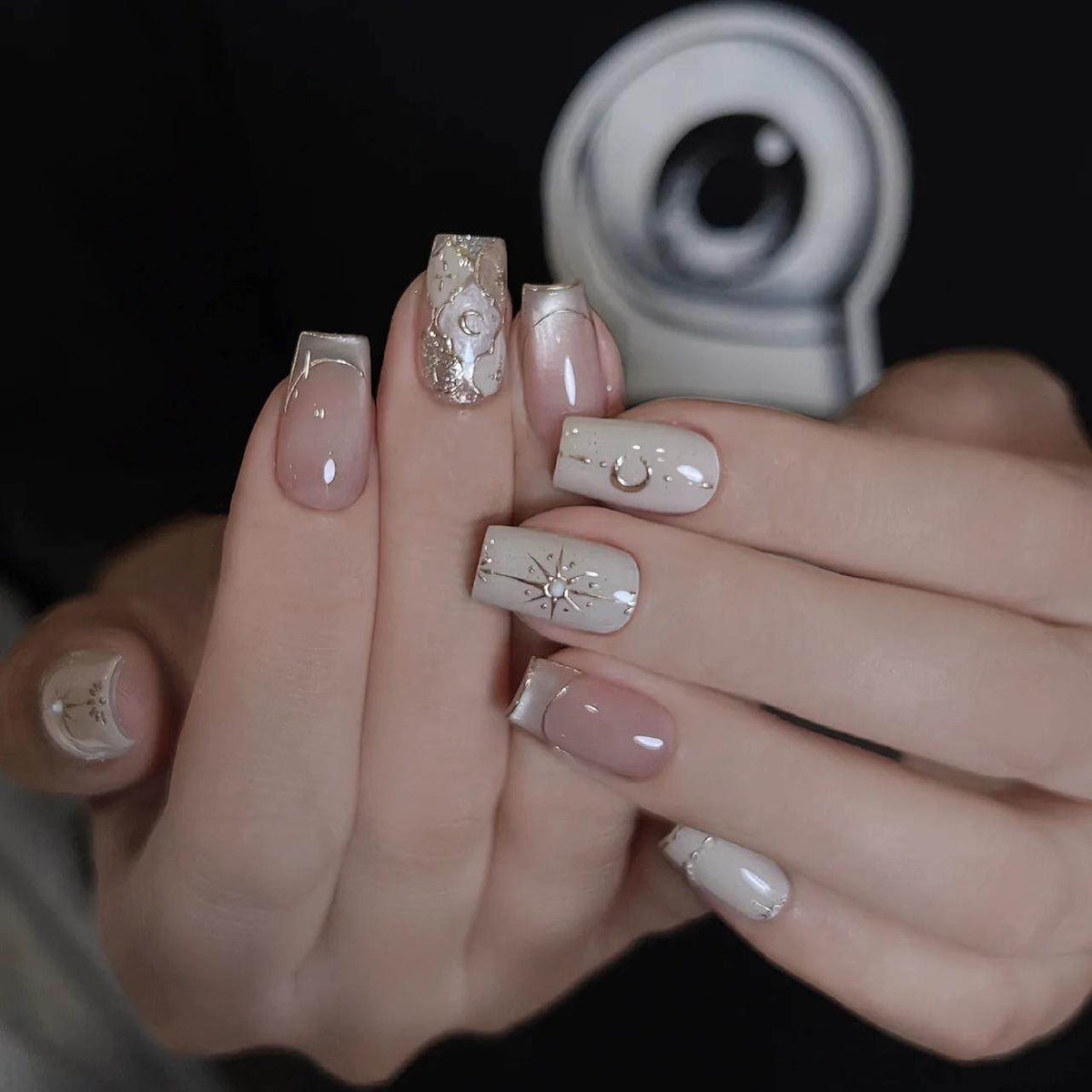 Celestial Rosy Quartz - Handcrafted Rose Nude & 3D Gold Sun & Moon Press-On Nails