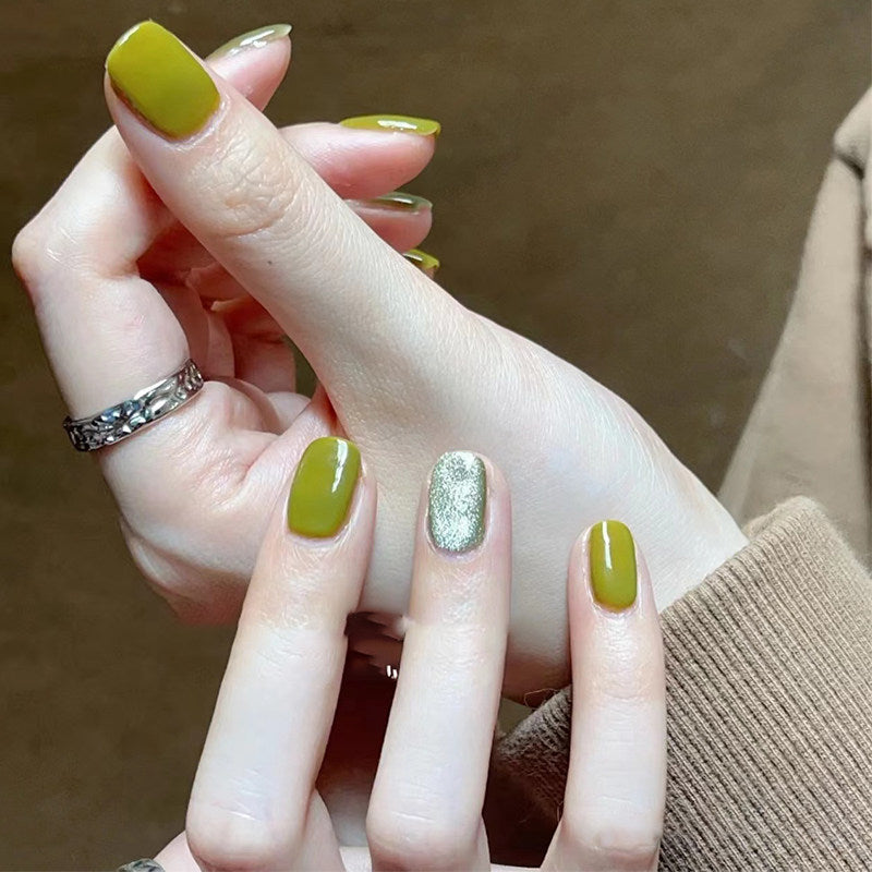 Matcha Velvet - Handcrafted Avocado Green & Silver Cat-Eye Press-On Nails