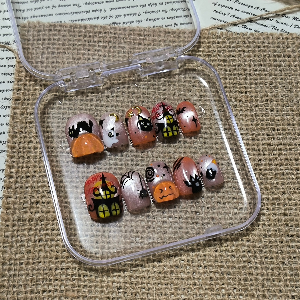 Kawaii Spooky Cat - Handcrafted 3D Pumpkin & Black Cat Halloween Press-On Nails