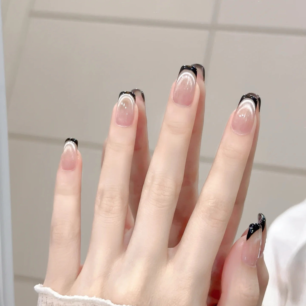 Black French Cat-Eye - Handcrafted Translucent Nude & Black French Tip Press-On Nails