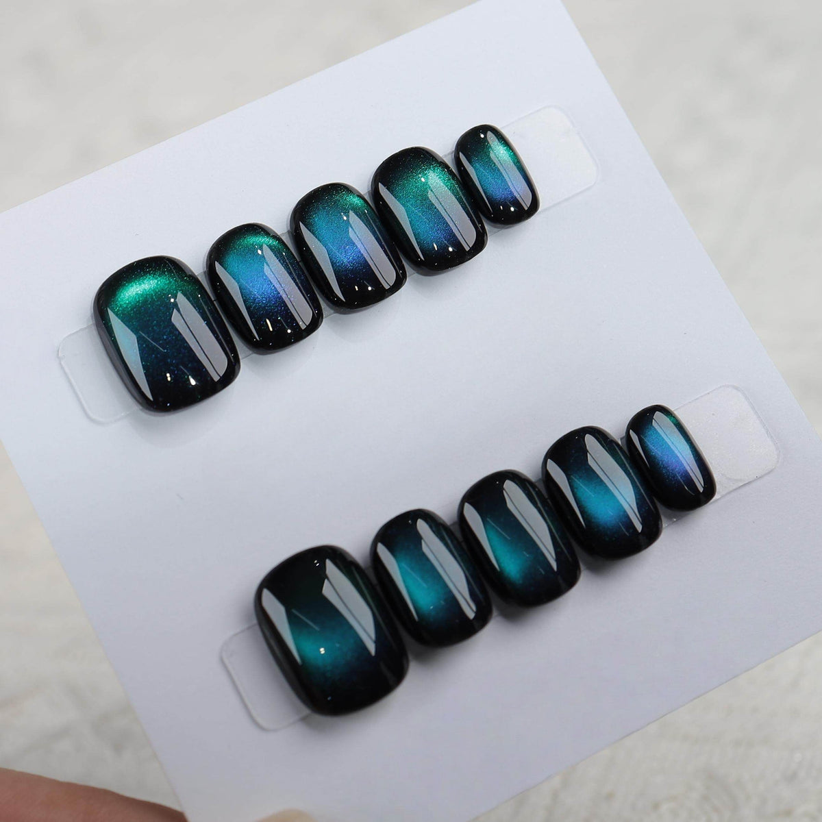 Deep Sea Aurora - Handcrafted Black & Emerald-Blue Cat-Eye Press-On Nails