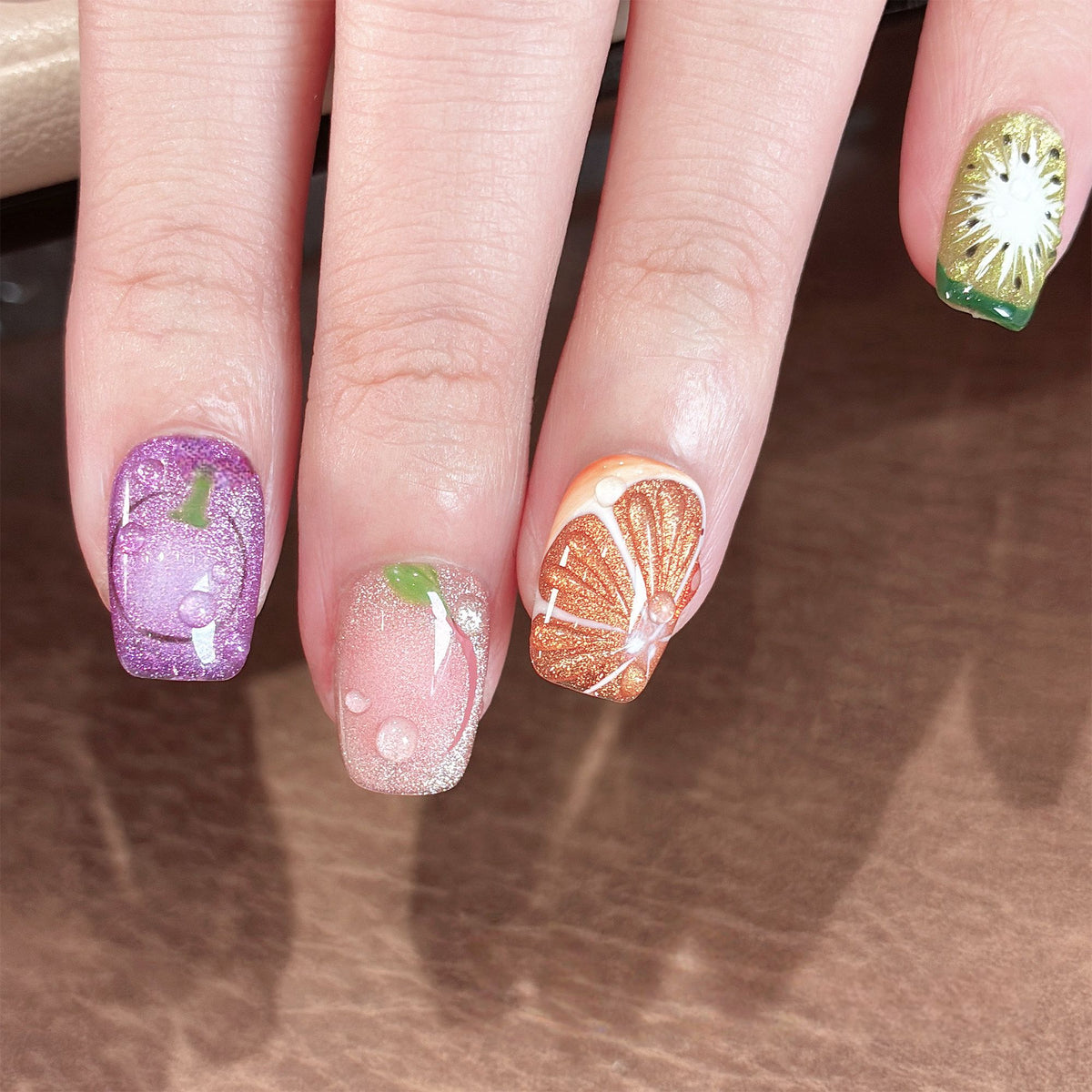 Juicy Summer Fruit - Handcrafted Multi-Color Cat-Eye & 3D Fruit Press-On Nails