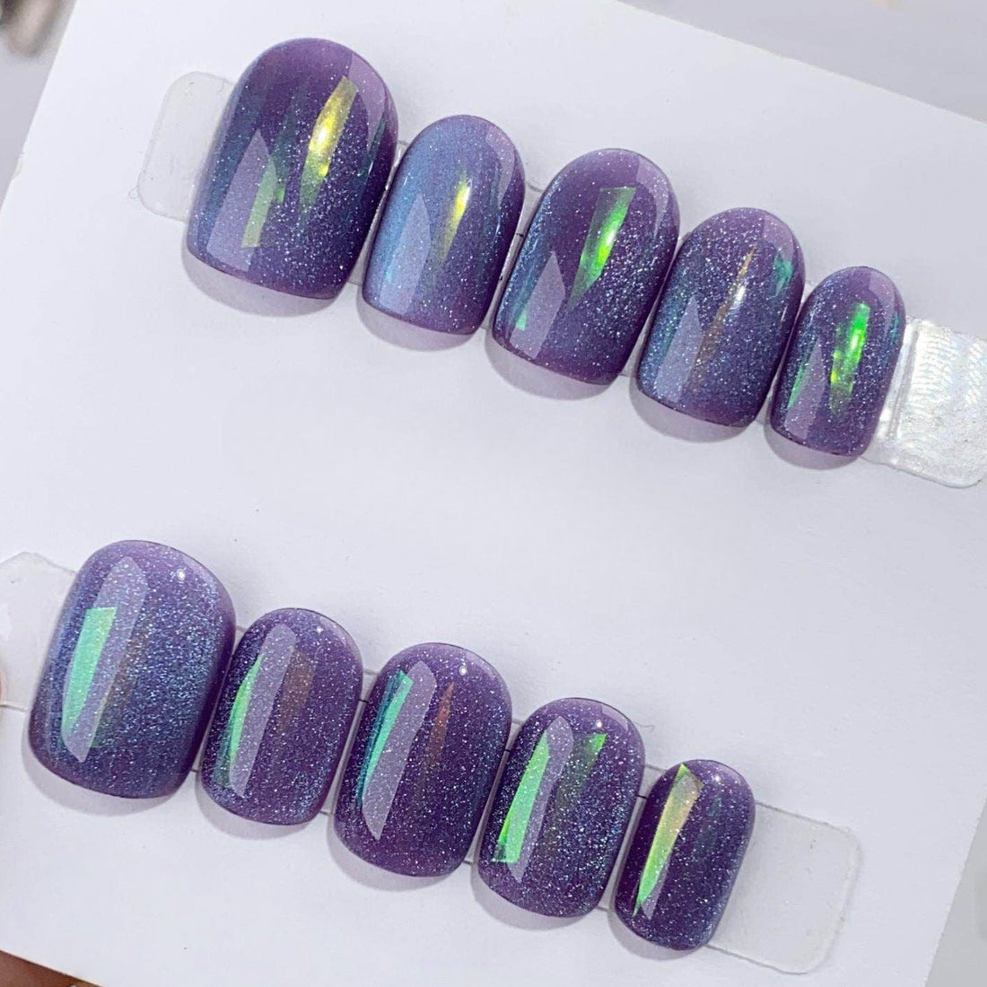 Lavender Aurora Glass - Handcrafted Light Purple Magnetic Cat-Eye & Iridescent Foil Press-On Nails