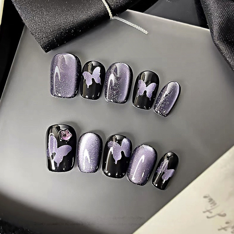Gothic Butterfly - Handcrafted Purple Galaxy Cat-Eye & 3D Star Press-On Nails
