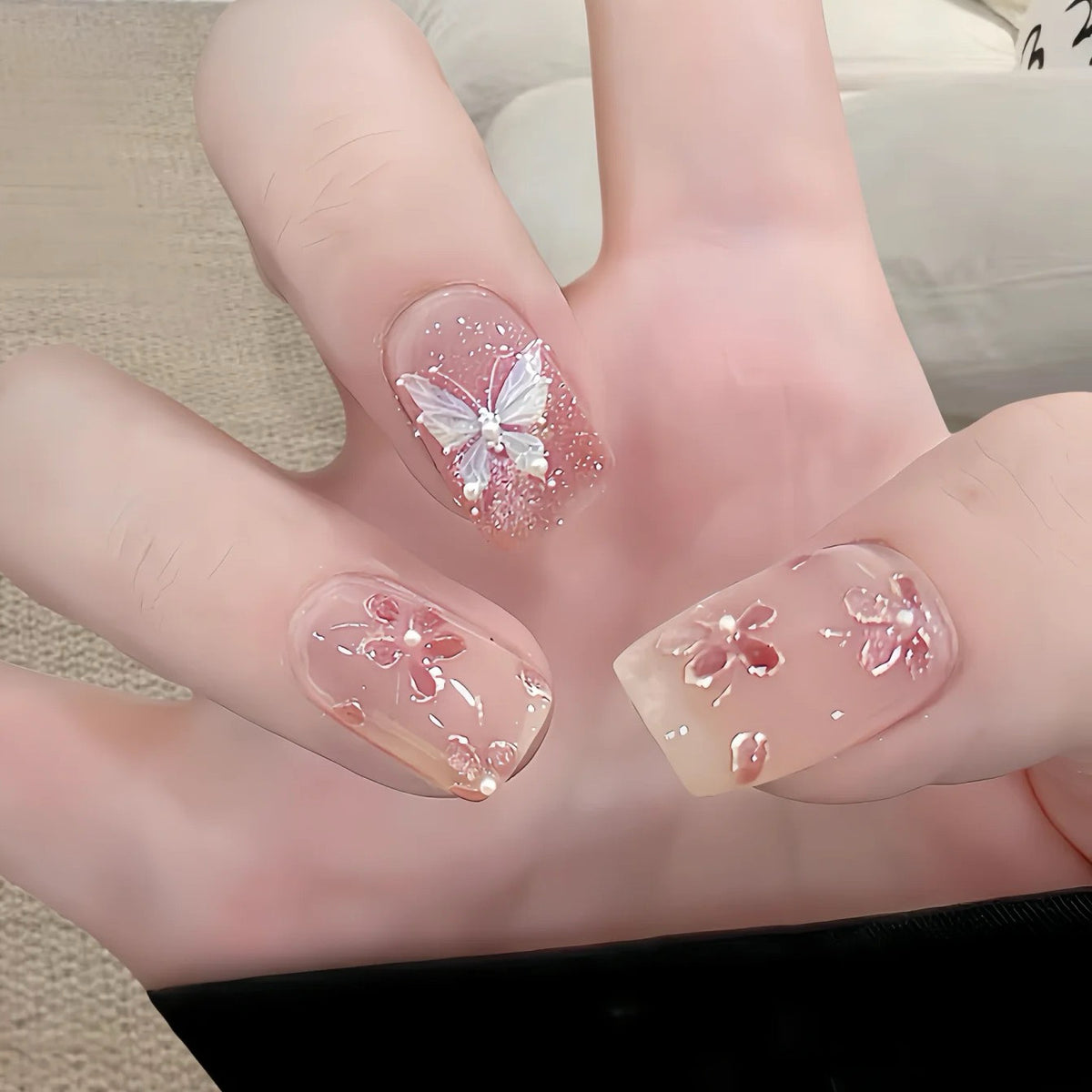 Aurora Pink Butterfly Floral - Handcrafted Pink Cat-Eye & 3D Glass Butterfly Press-On Nails