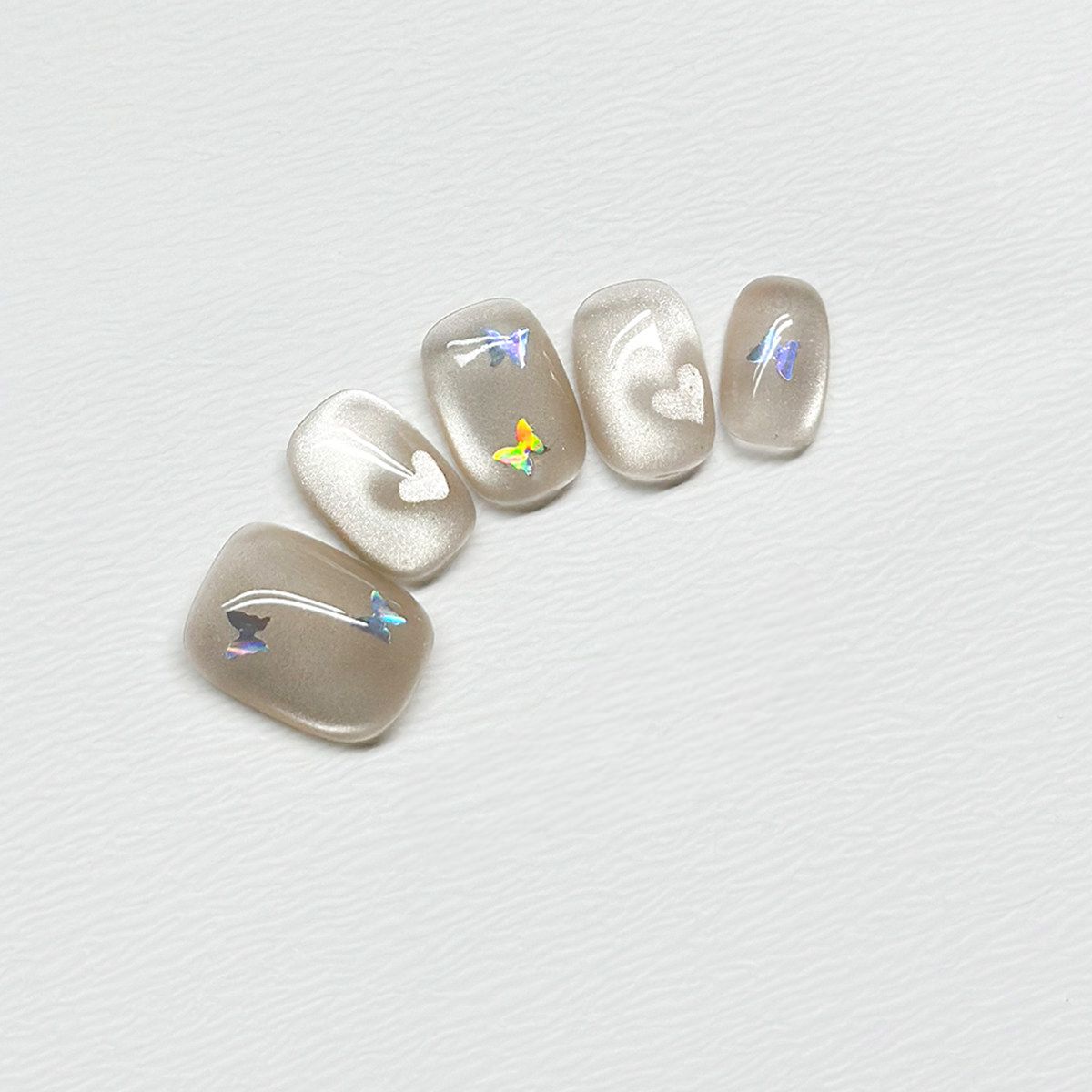 Holographic Butterfly Hearts - Handcrafted Iridescent Butterfly & Heart Cat-Eye Press-On Nails