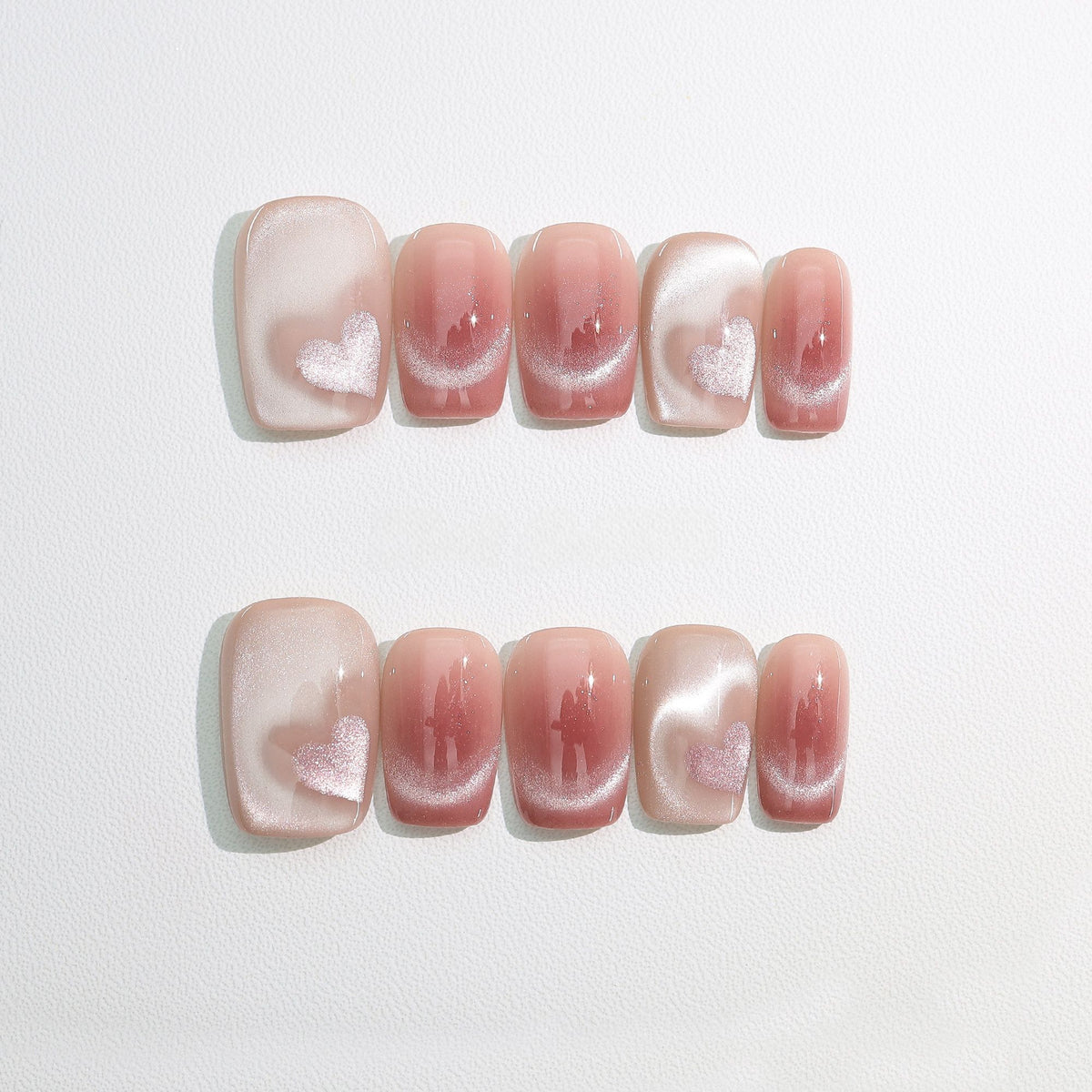 Pink Velvet Heart - Handcrafted Ice Pink Cat-Eye & 3D Magnetic Heart Press-On Nails