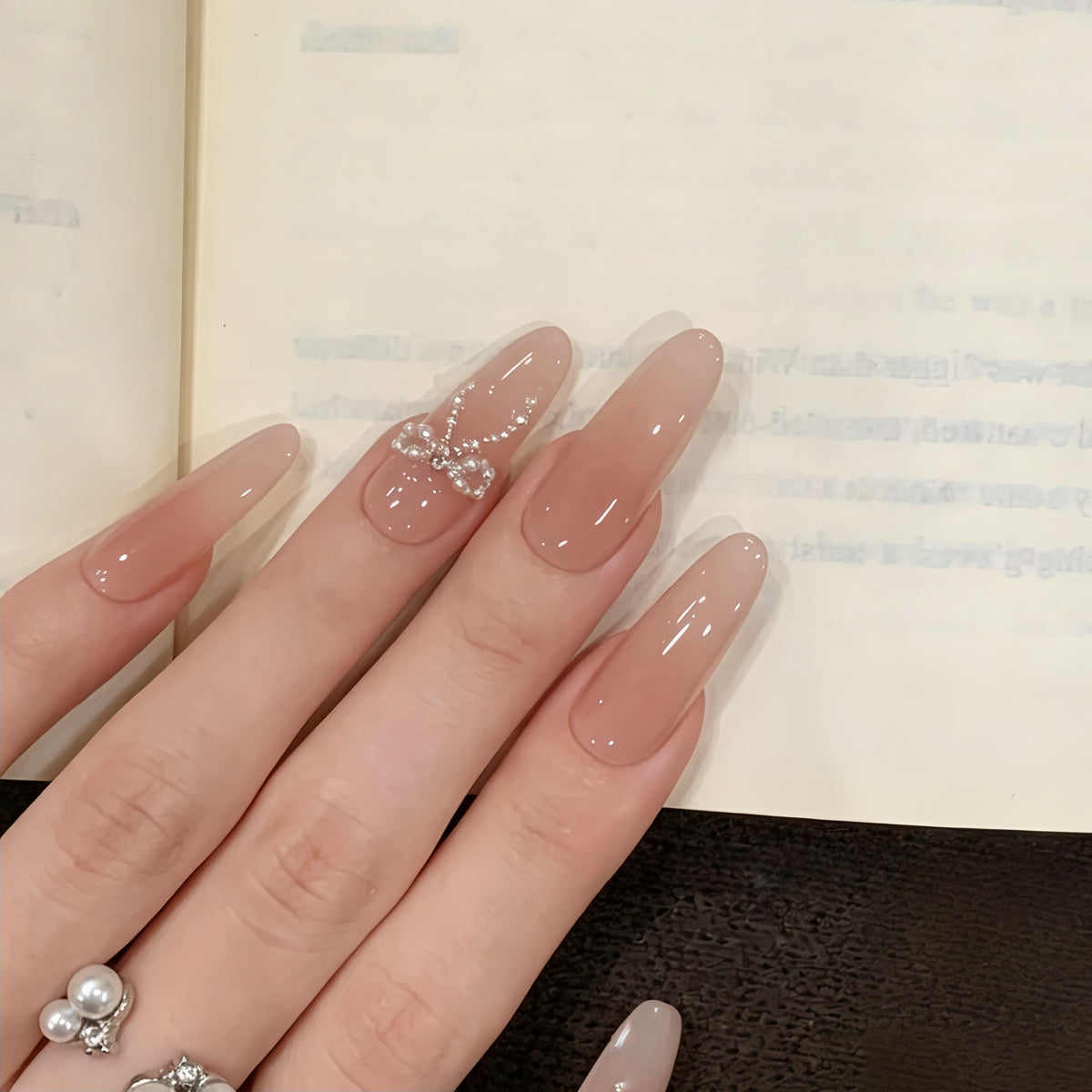 Pearl Bow Nude Ombre - Handcrafted Translucent Nude Pink & Pearl Bowknot Press-On Nails
