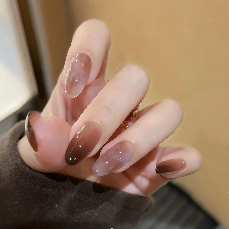Amber Mocha Gold - Handcrafted Translucent Caramel Ombré & Gold Foil Press-On Nails