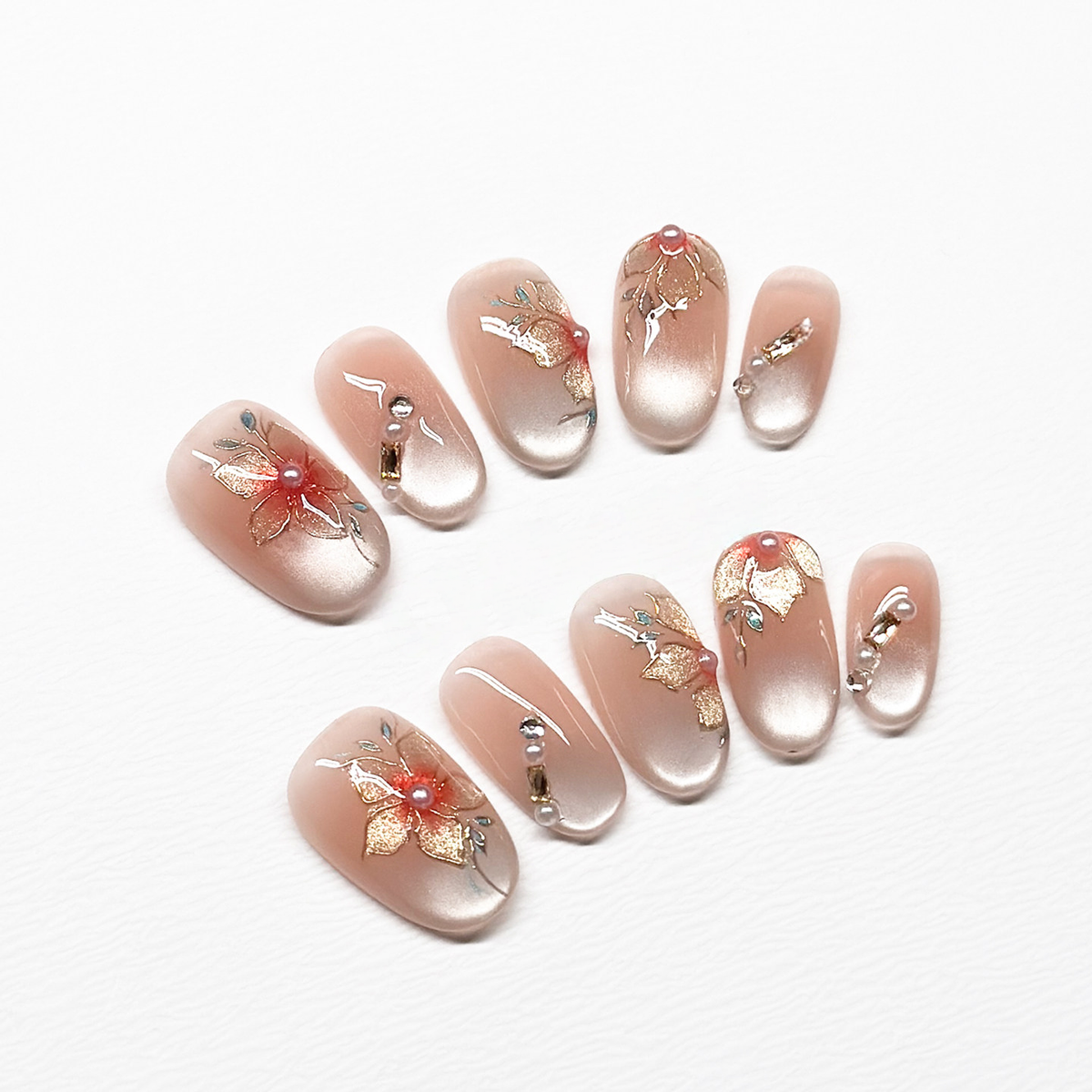 Imperial Rose - Handcrafted Champagne Cat-Eye & Gold Leaf Floral Press-On Nails