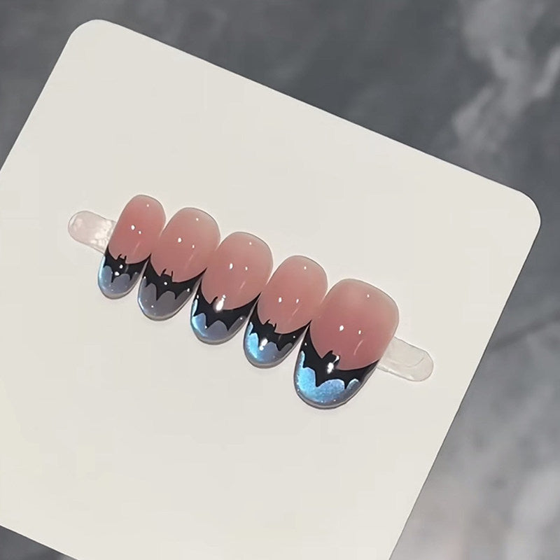 Gothic Bat Cat-Eye French - Handcrafted Bat Silhouette & Blue Cat-Eye Press-On Nails