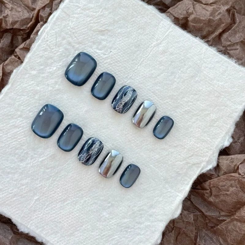 Midnight Cyber Chrome - Handcrafted Dark Blue Cat-Eye & Silver Chrome Streamer Press-On Nails