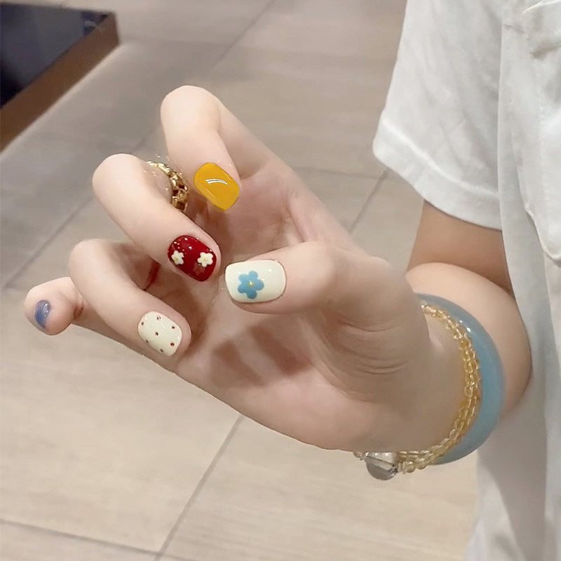 Doodle Daisy & Aqua - Handcrafted Y2K Floral & Aqua Cat-Eye Press-On Nails