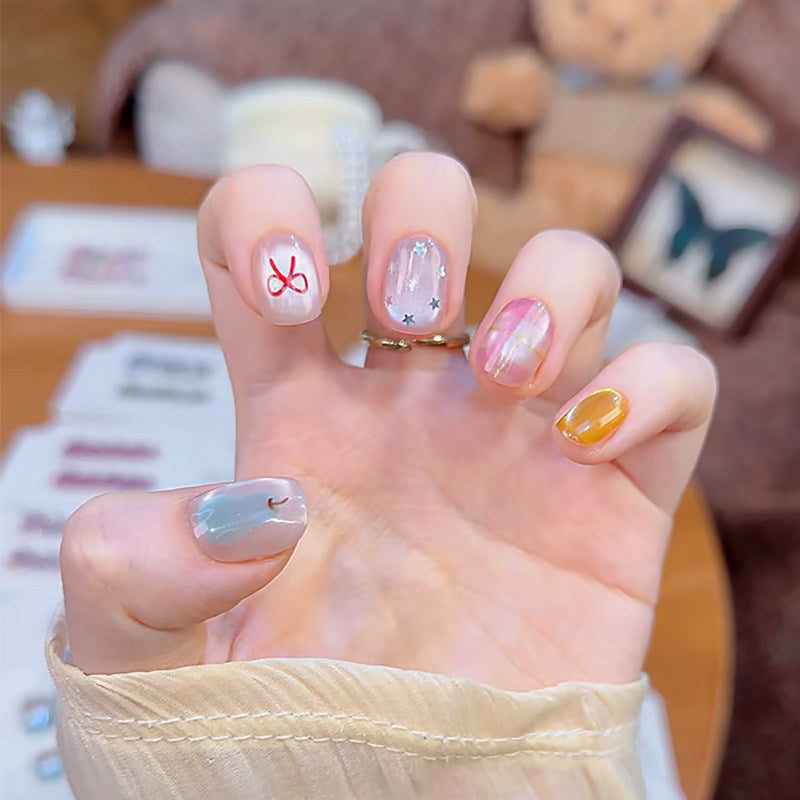 Doodle Bows & Gingham - Handcrafted Y2K Celestial & Cat-Eye Press-On Nails