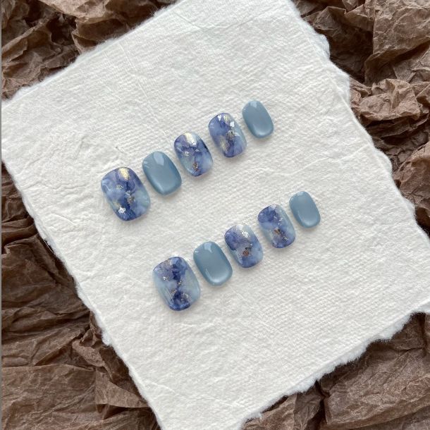 Glacier Bloom Marble - Handcrafted Icy Blue Watercolor Ink & Foil Press-On Nails
