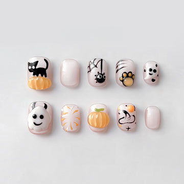 Milky Kawaii Ghost - Handcrafted 3D Ghost, Cat Paw & Jelly Pumpkin Press-On Nails