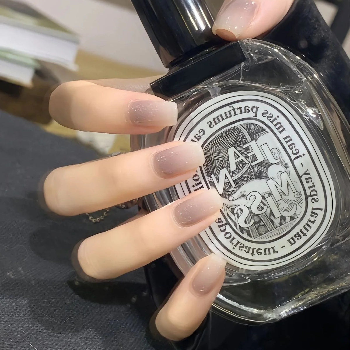 Nude Grey Sparkle Ombré - Handcrafted Translucent Nude & Shimmer Gradient Press-On Nails