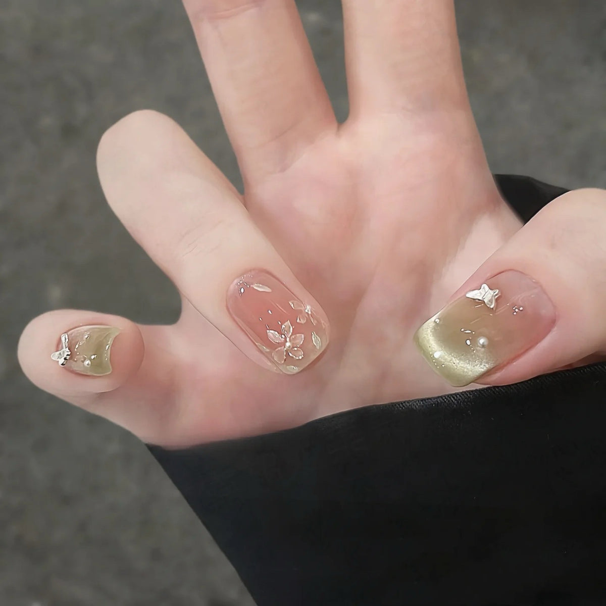 Matcha Butterfly - Handcrafted Matcha Green Cat-Eye & 3D Silver Butterfly Press-On Nails