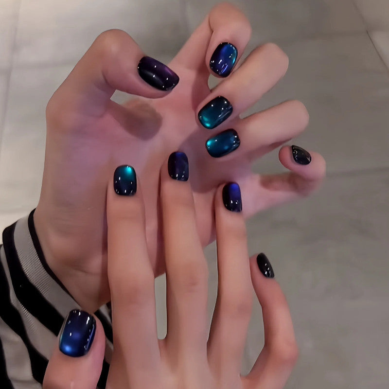 Deep Sea Aurora - Handcrafted Black & Emerald-Blue Cat-Eye Press-On Nails