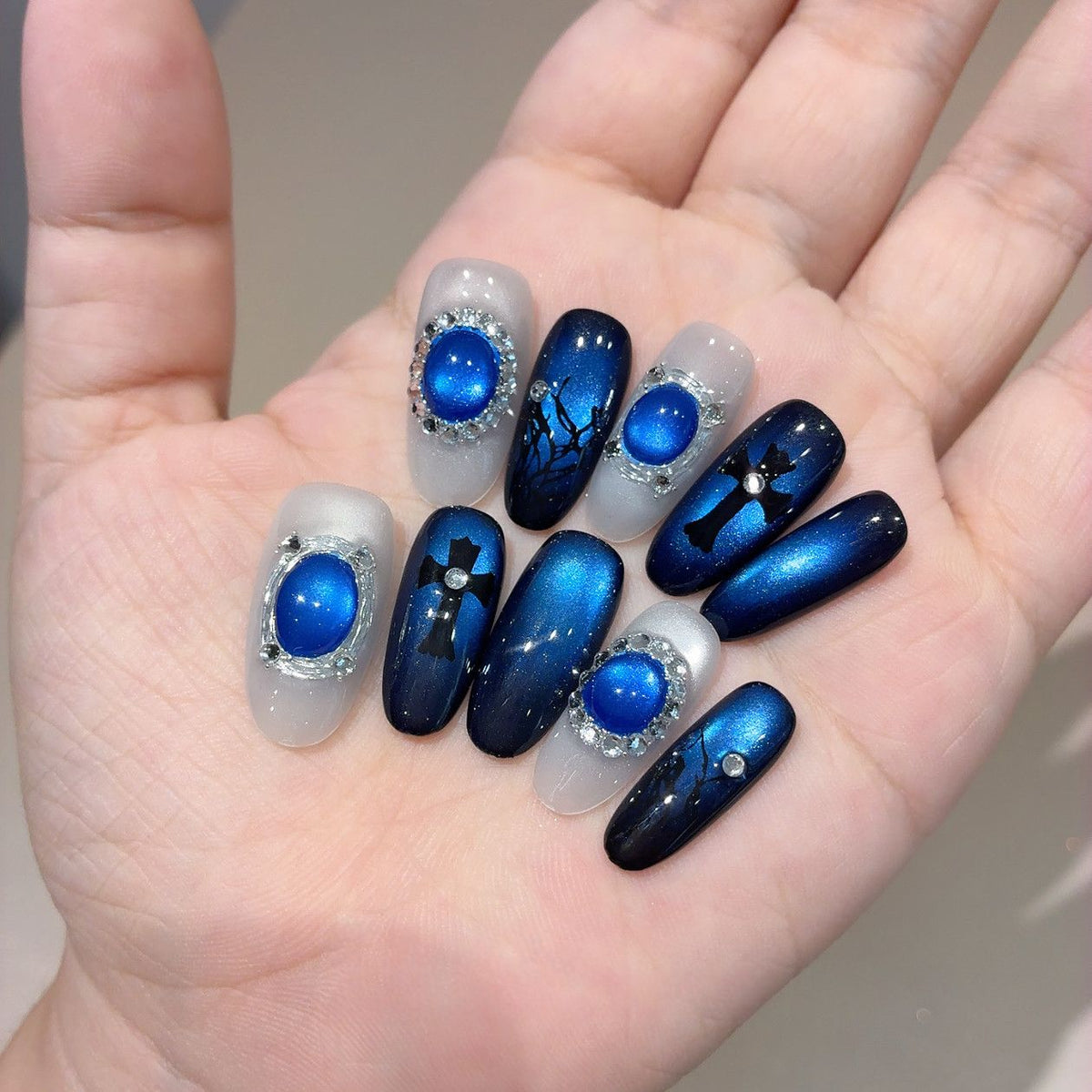 Midnight Royal Goth Gem - Handcrafted Royal Blue Cat-Eye, Gothic Cross & Sapphire Gem Press-On Nails