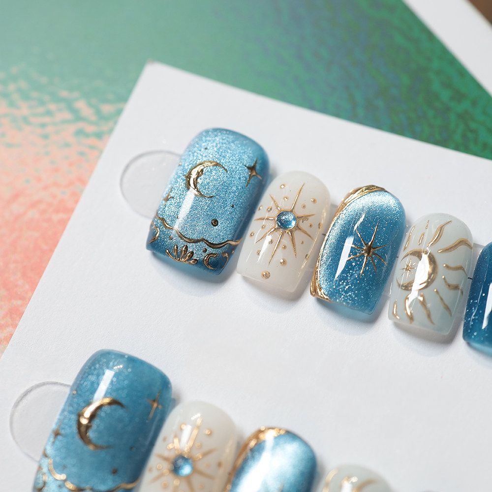 Celestial Blue - Handcrafted Blue Galaxy Cat-Eye & 3D Gold Sun & Moon Press-On Nails