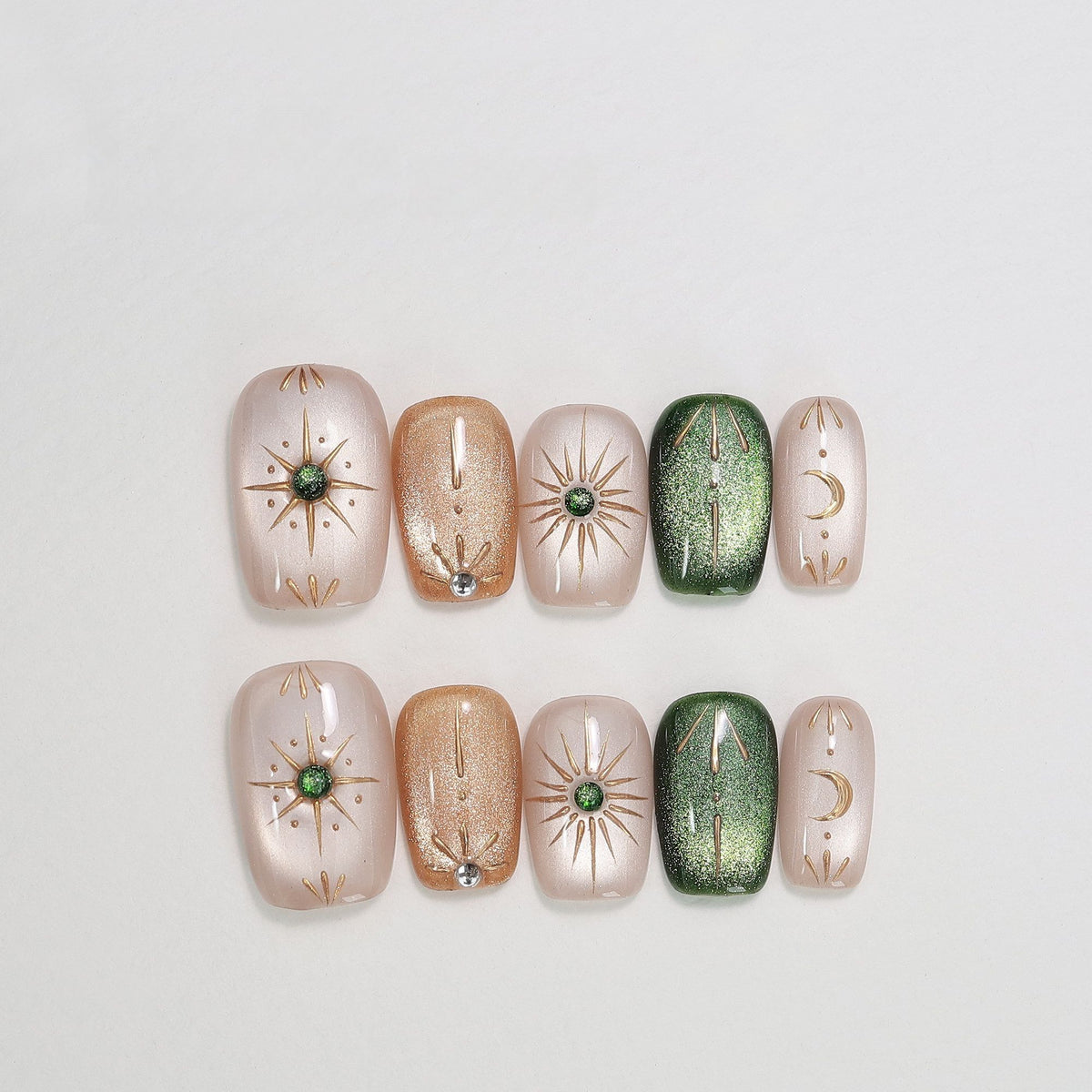Celestial Emerald - Handcrafted Emerald Cat-Eye & 3D Gold Sun & Moon Press-On Nails