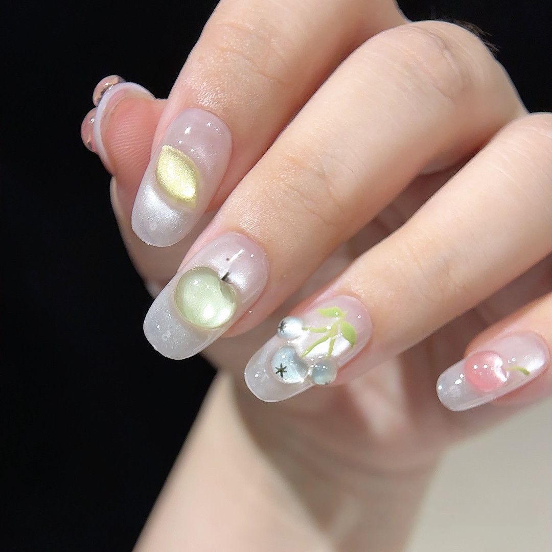 Orchard Fruit - Handcrafted Ice Pink Cat-Eye & 3D Jelly Fruit Press-On Nails