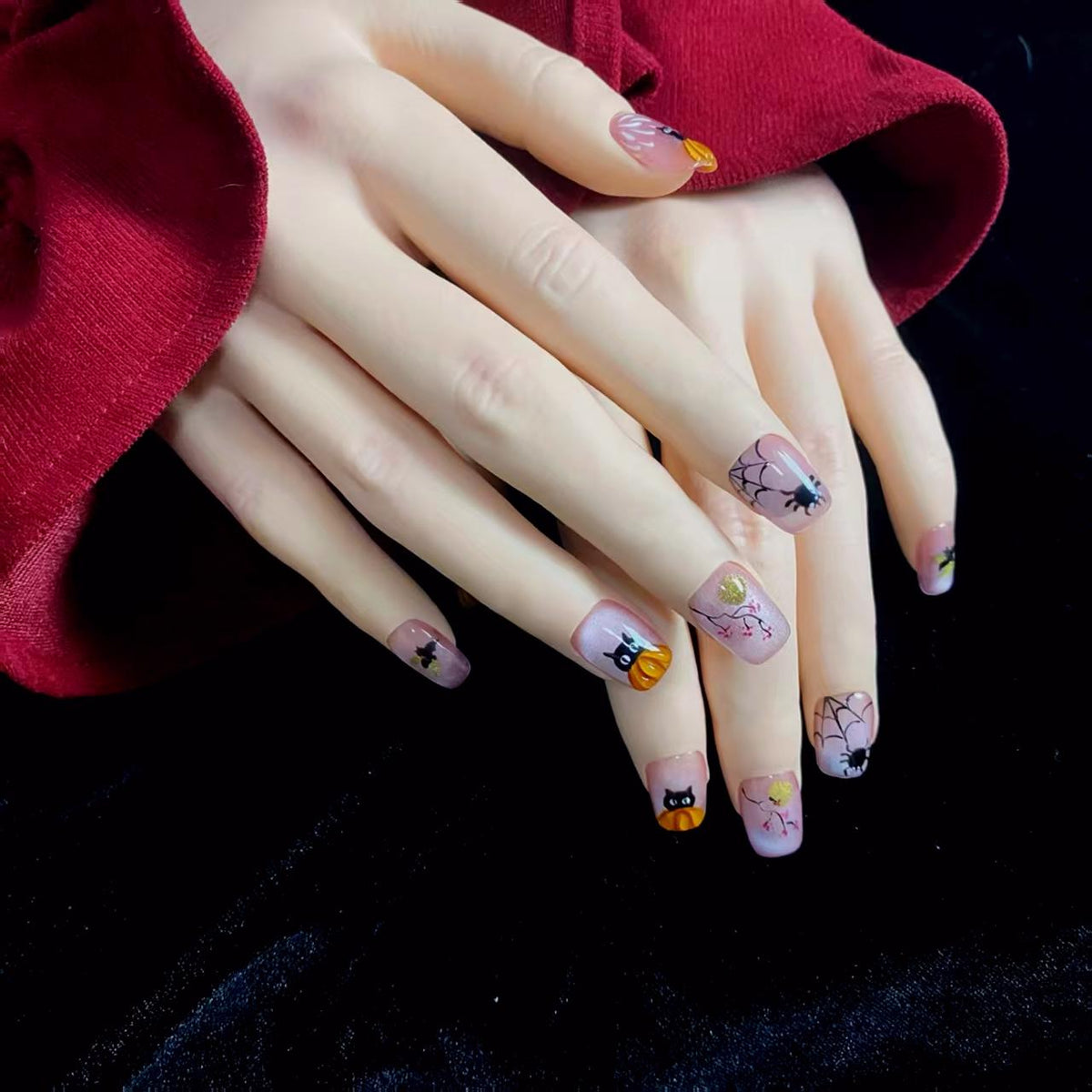 Pink Cat-Eye Spooky Kitten - Handcrafted 3D Pumpkin & Cute Black Cat Press-On Nails