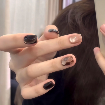 Mocha Argile Glow - Handcrafted Espresso Cat-Eye & Coffee Argile Plaid Press-On Nails