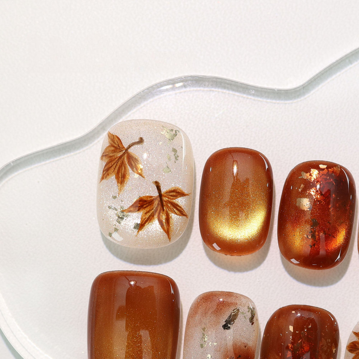 Autumn Maple Leaf - Handcrafted Amber Cat-Eye & Maple Leaf Press-On Nails