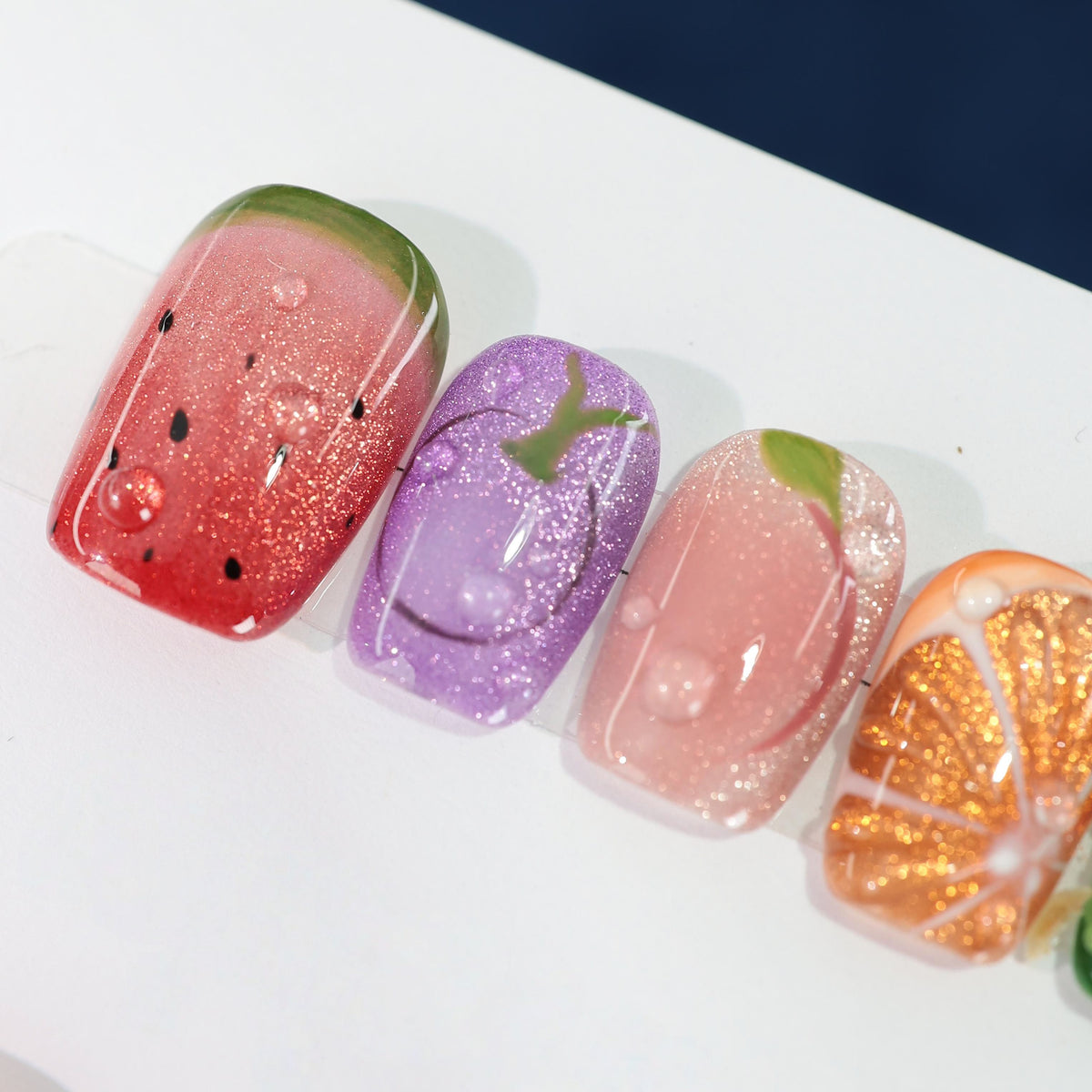 Juicy Summer Fruit - Handcrafted Multi-Color Cat-Eye & 3D Fruit Press-On Nails