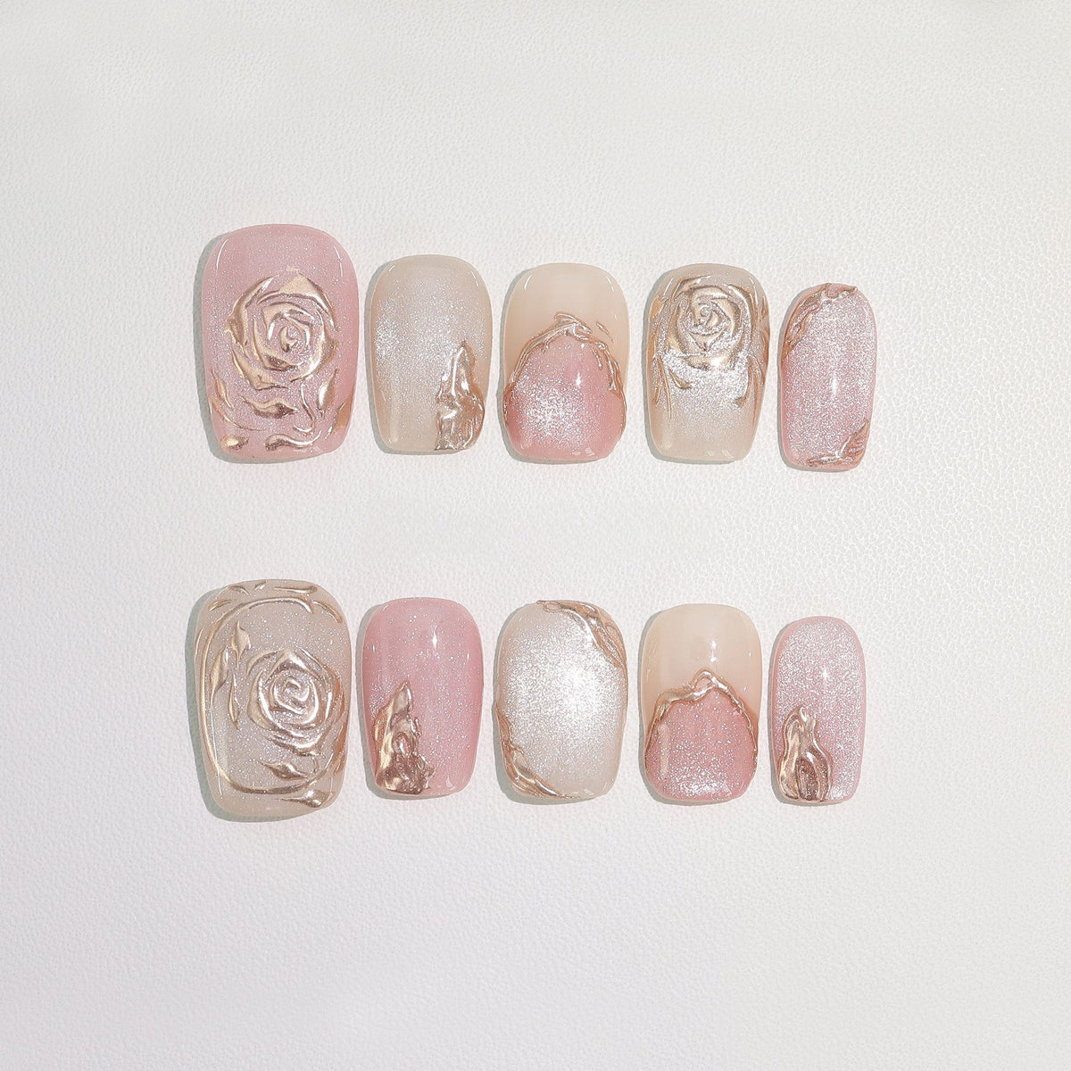 French Gold Relief Rose - Handcrafted Pink Cat-Eye & 3D Gold Rose Press-On Nails