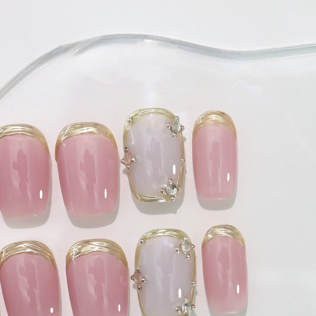 Gilded Romance - Handcrafted Pink Jelly & Liquid Gold French Press-On Nails