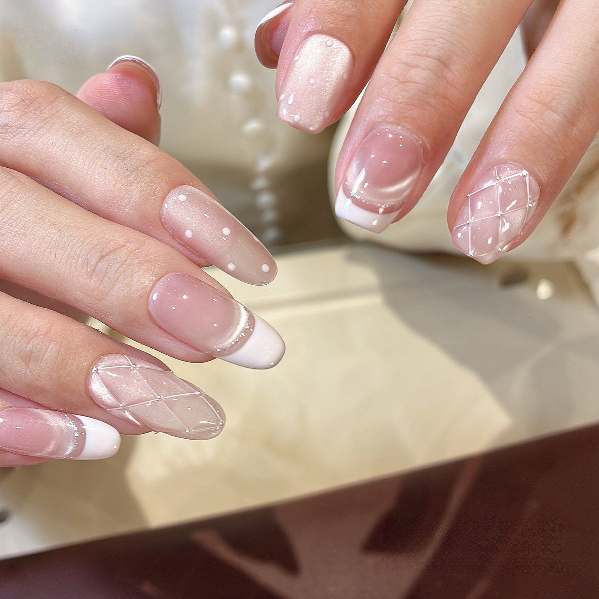 Pink Quilted Glam - Handcrafted Pink Cat-Eye & 3D Quilted French Press-On Nails