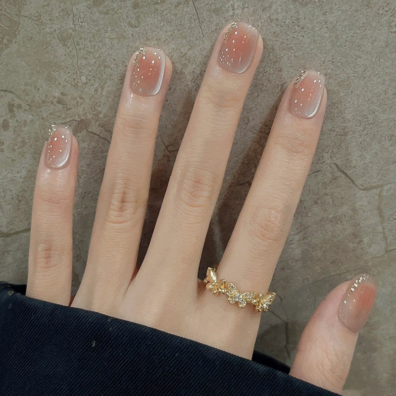 Nude Aura - Handcrafted Sheer Blush Cat-Eye & Rhinestone Press-On Nails
