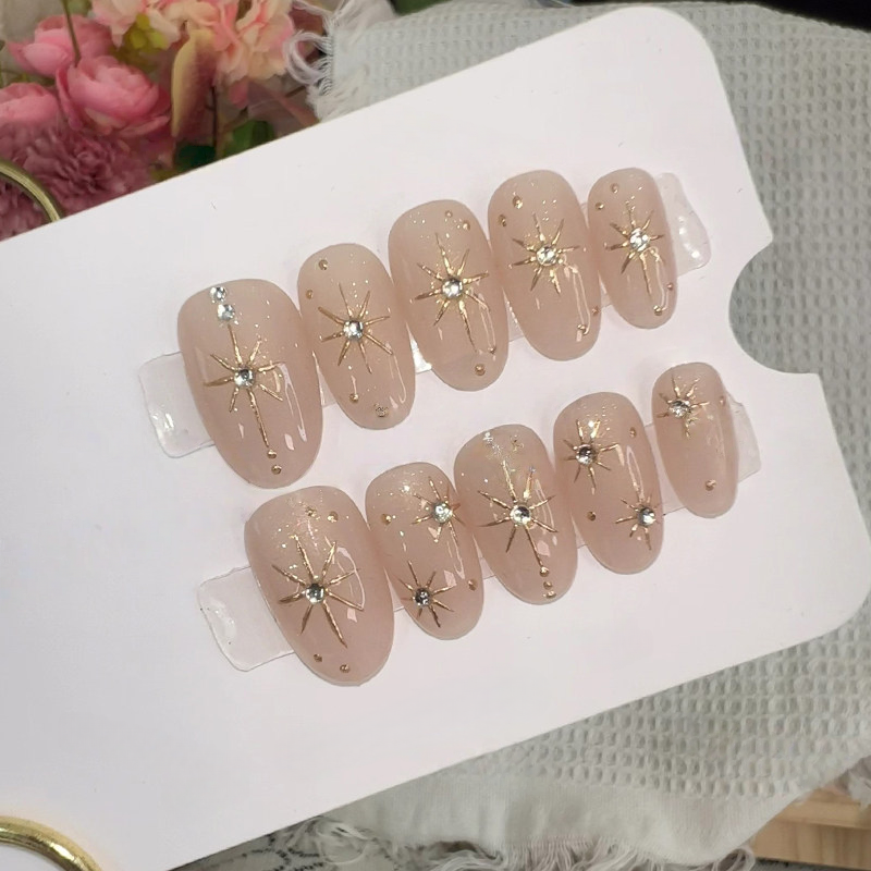 Gilded Celestial - Handcrafted Gold Starburst & Rhinestone Press-On Nails