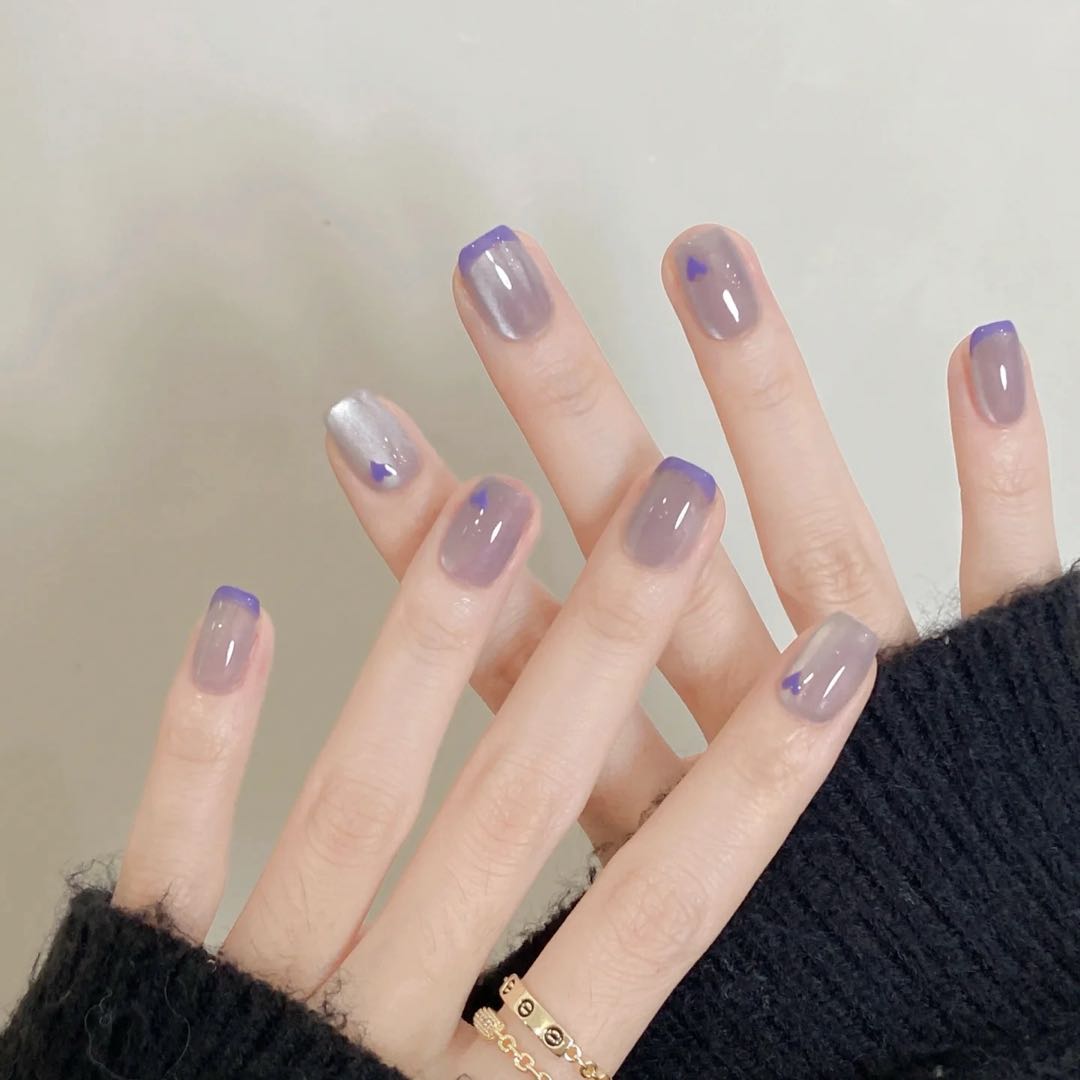 Lavender Dream French - Handcrafted Lilac Cat-Eye & Purple Heart Press-On Nails