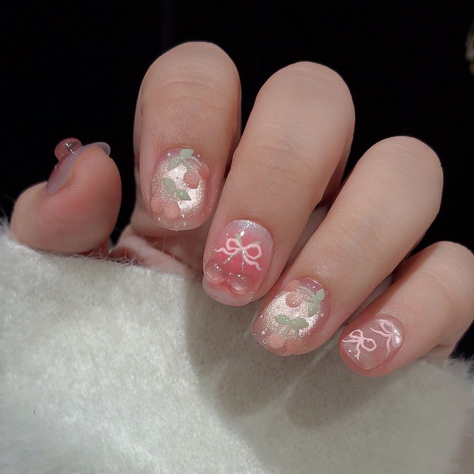 Sweet Cherry - Handcrafted Ice Pink Cat-Eye & 3D Cherry Bow Press-On Nails